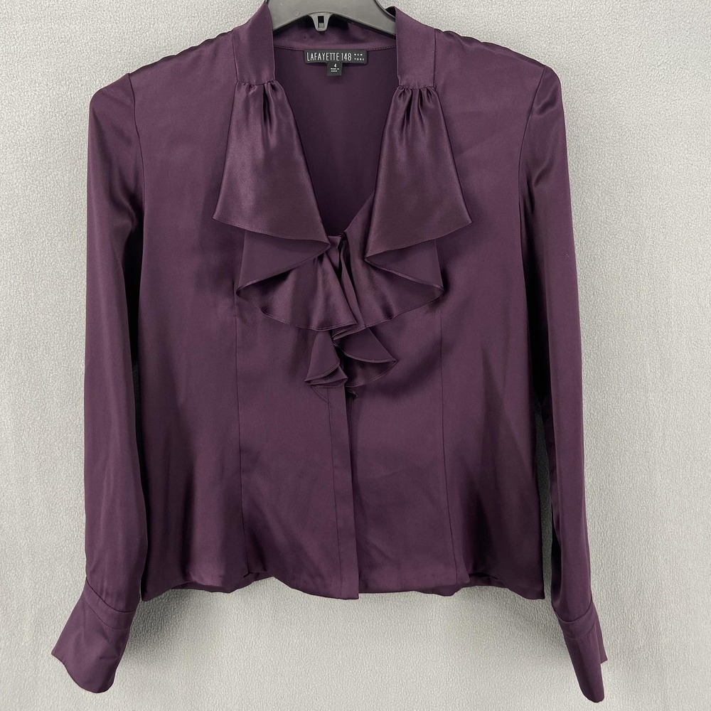 Lafayette 148 Blouse Womens 4 Purple Silk Ruffle Royal‎ Whimsigoth Fairy Office